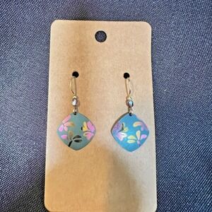 Handpainted Blue Pink Metallic Leaf Dangle Earrings Artisan Boho Iridescent NWOT
